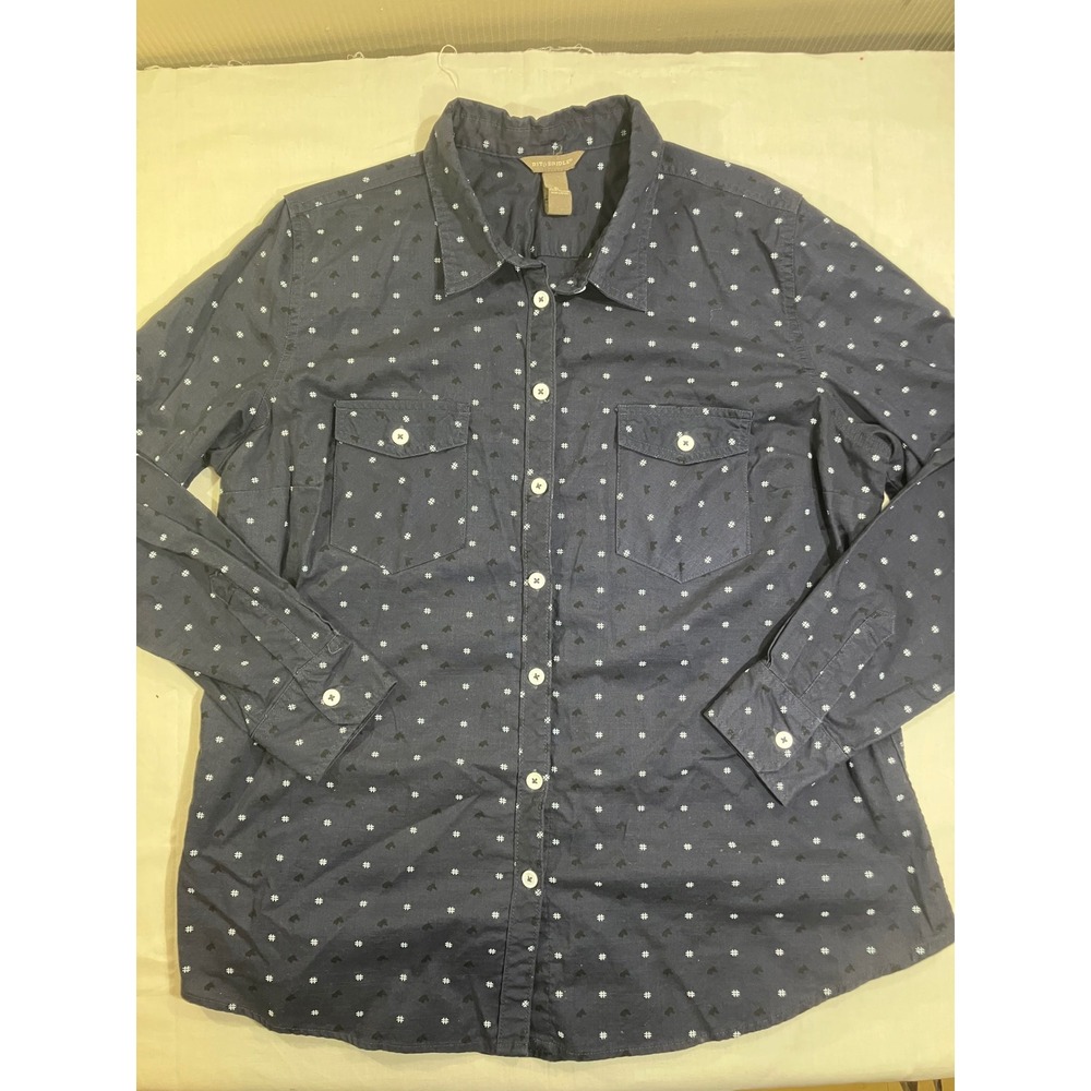 Bit & Bridle Womens XL Navy Blue Horse Print Cotton Button Up Shirt Long Sleeve